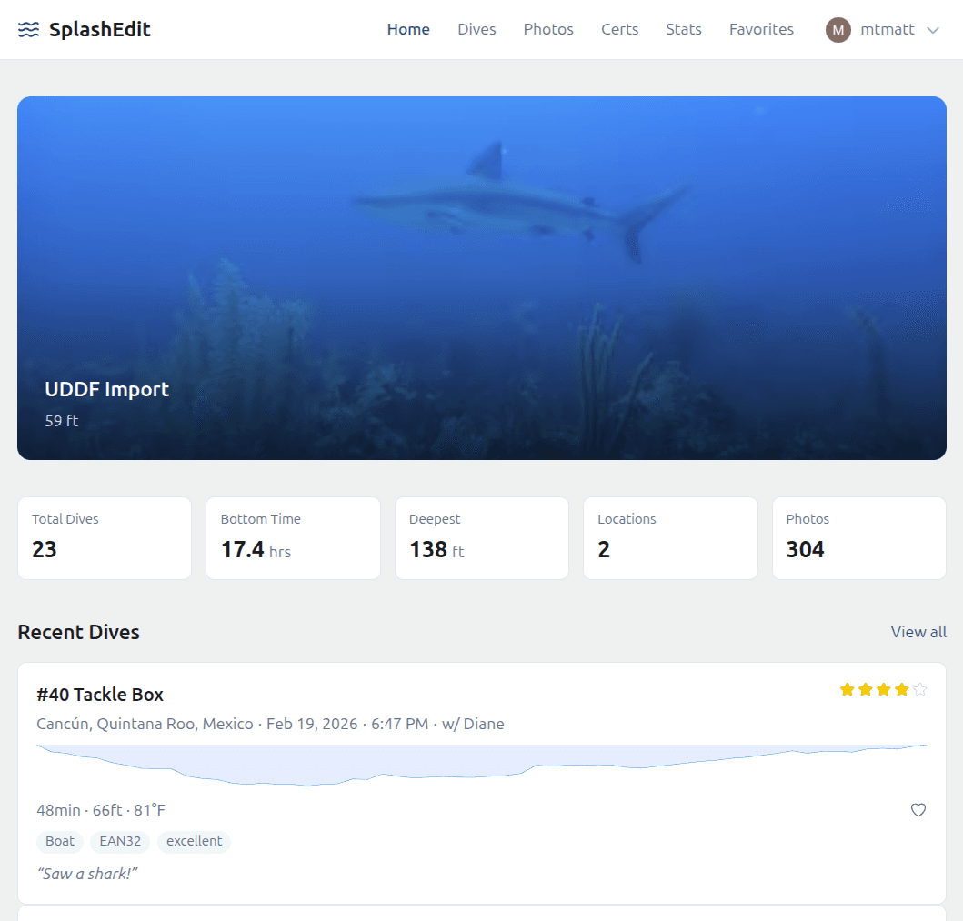 SplashEdit dashboard showing dive log, stats, and recent dives